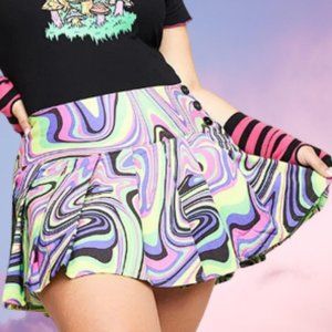 Trippy Psychedelic Pleated Mini Skirt with 3 Buttons - 70s Groovy - 2X 3X